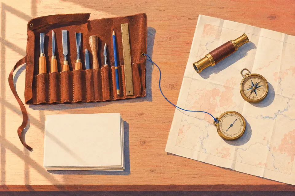 A craftsman's tool roll and a set of brass measuring instruments on one worktable, joined by a single blue thread