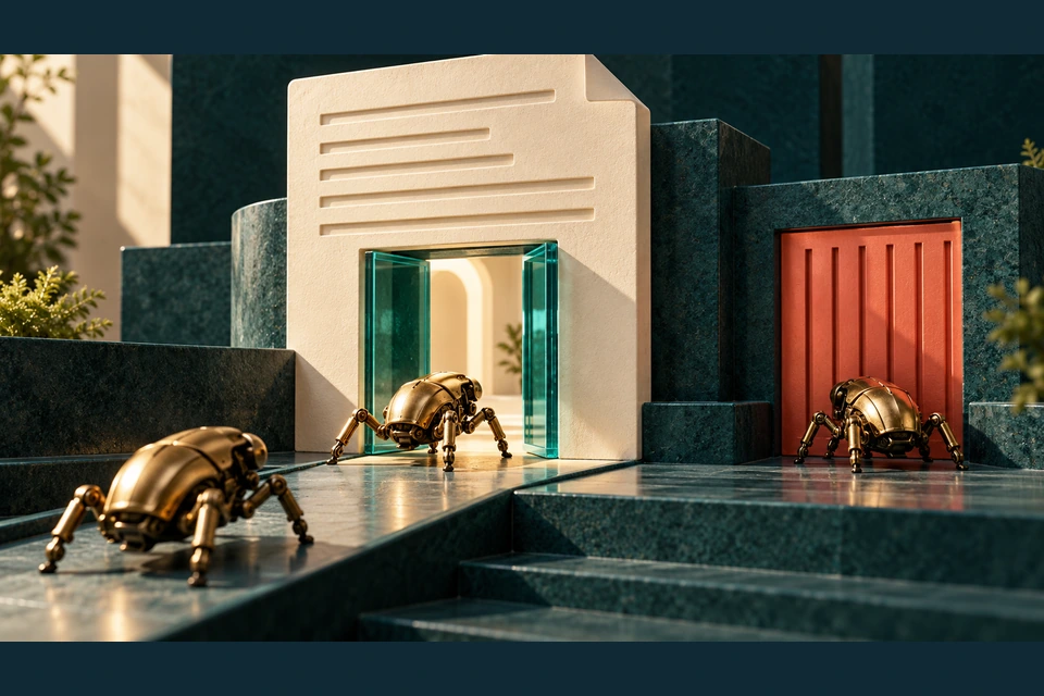 Mechanical crawler probes approach an open webpage-shaped doorway and a separate closed gate.
