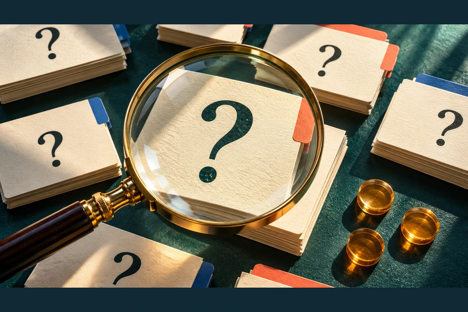 A magnifying glass enlarges a question mark on a tagged research card.