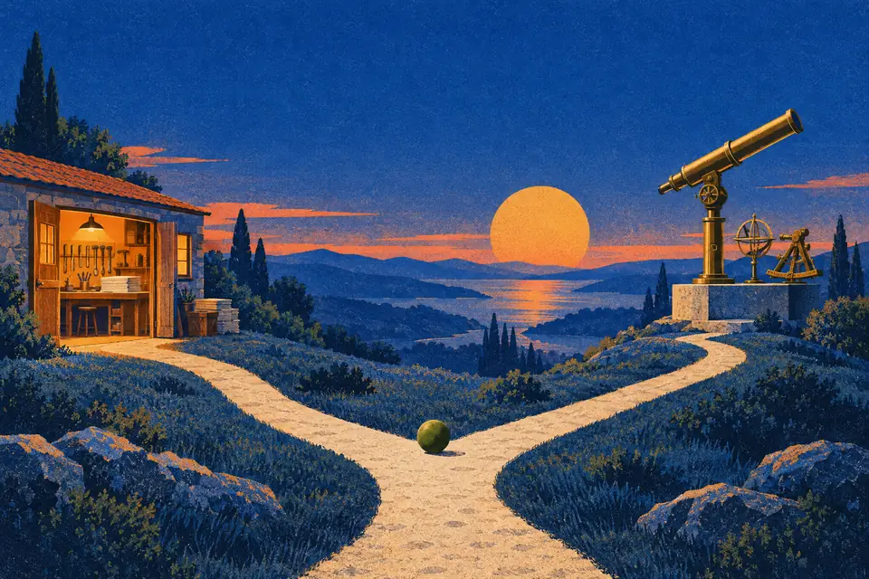 A path forking toward a lit workshop on one side and a brass telescope on the other