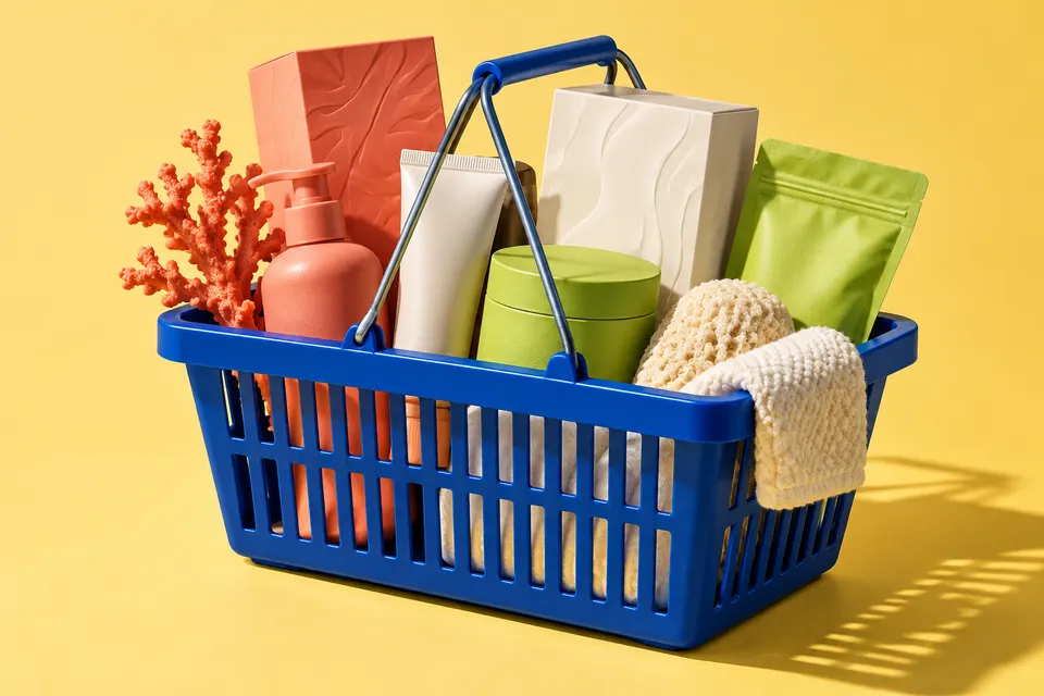 A blue basket holding colorful product packages