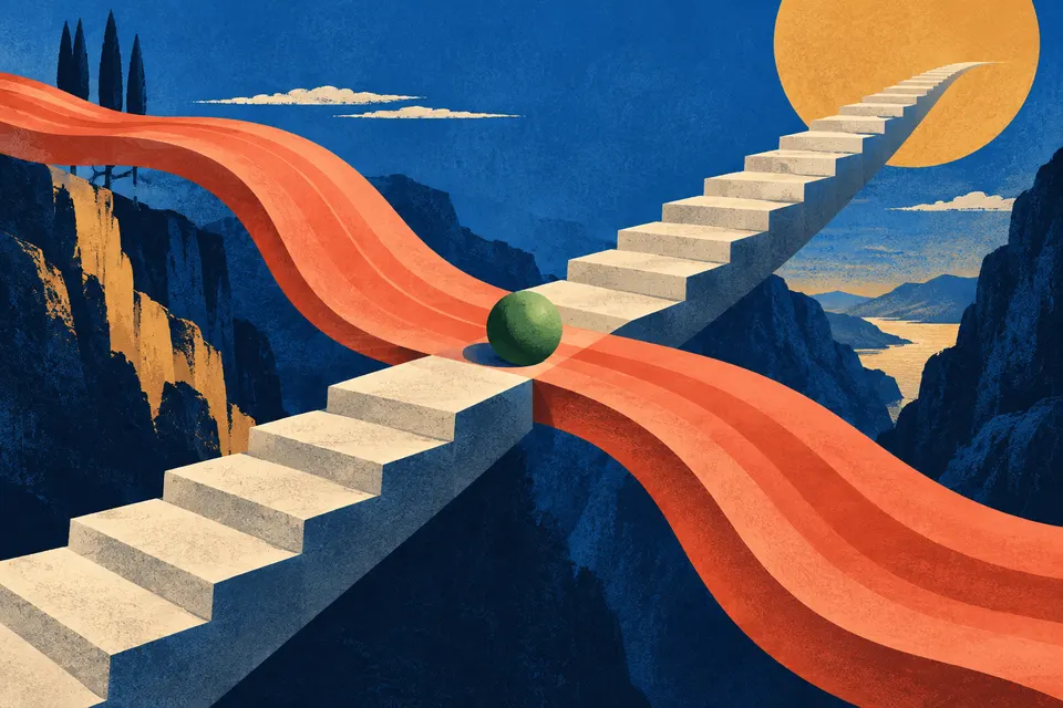 Intersecting paths made from steps and ribbons