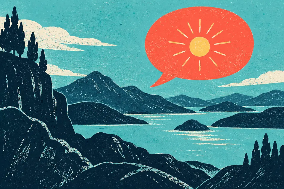 A printed speech bubble above an abstract landscape