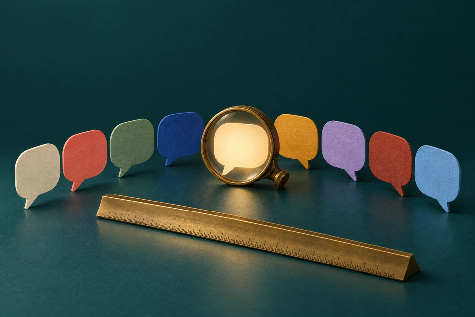 Coloured paper speech bubbles in an arc, one lit up under a brass loupe, with a brass measuring scale